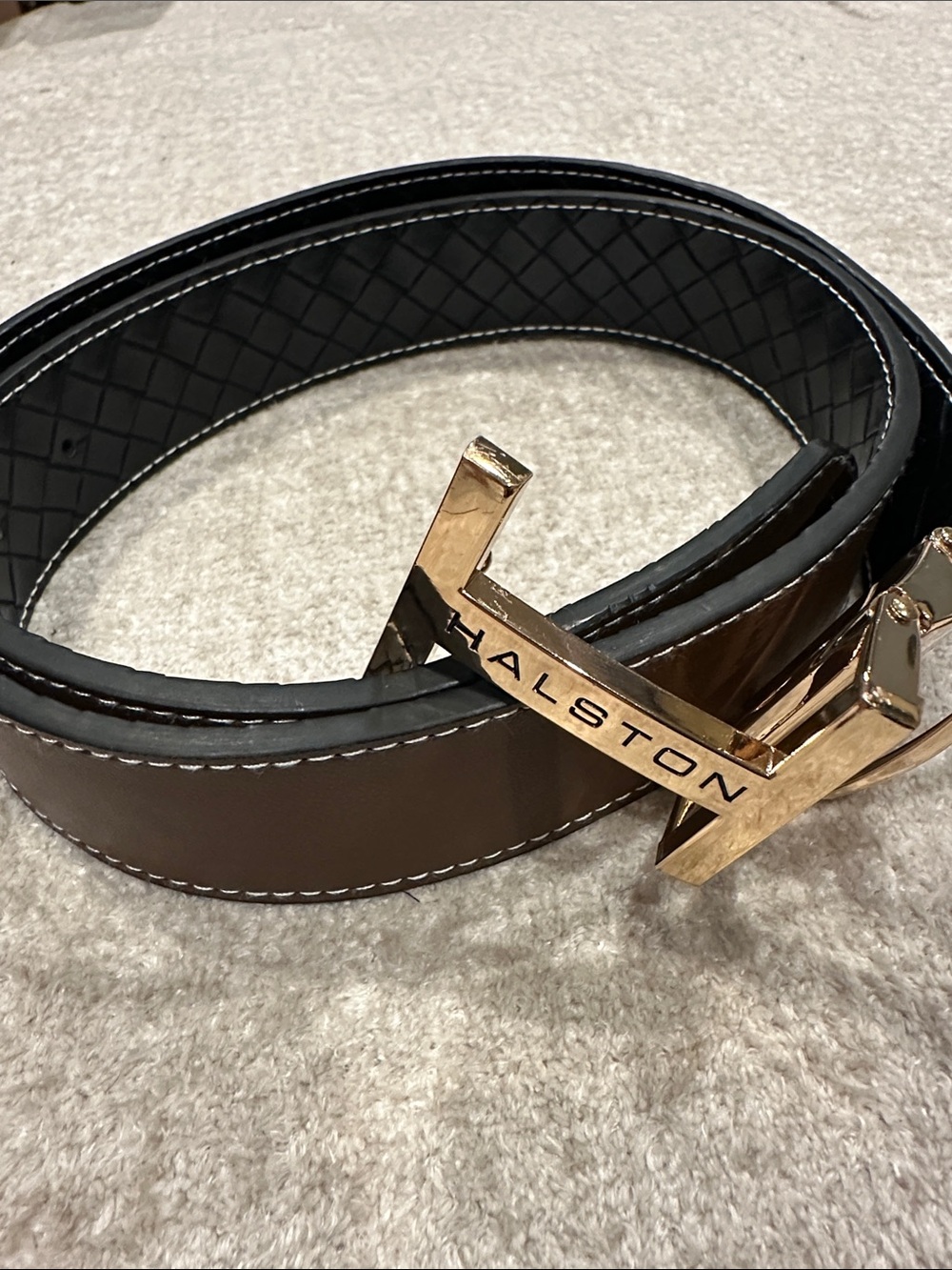 Halston Heritage Black and Brown Reversible Leather Belt with Gold Logo Buckle